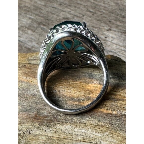 Sterling Silver .925 Ring With Faux Teal Blue Clear Crystals 10.88g - Picture 5 of 7